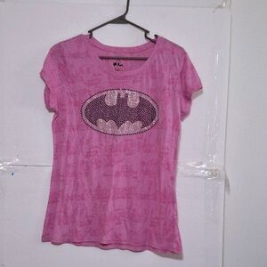 A Batman Emblem Women's Pink T-shirt Studded Sparkly Comic Print Casual XL